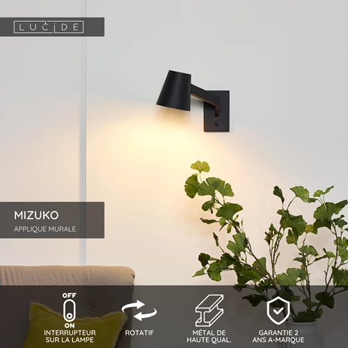 Lucide MIZUKO - Applique murale - 1xE14 - Noir - USP